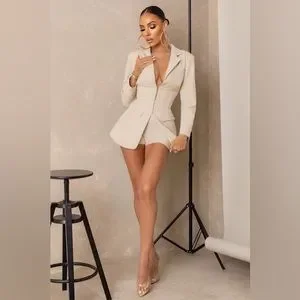 UNBEATEN CREAM PLUNGE CORSET WAIST BLAZER CLUB L LONDON US2 New